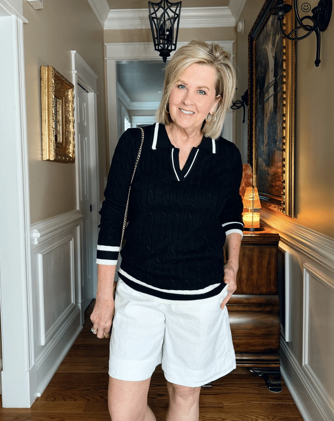 Tania Stephens in a classic black and white shorts outfit